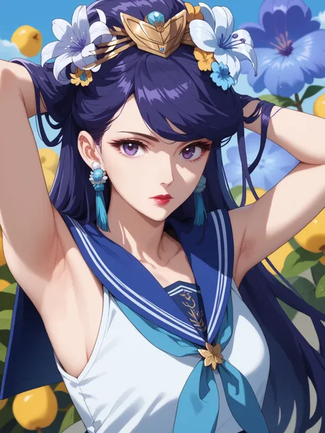 best quality, masterpiece,armpits,(stare at the viewer),Pear Blossom,Every Single Person at the Drugstore,sleeveless,Chest,((((Sailor Suit)))),long hair, purple eyes, purple hair, flower, earrings, hair flower, lipstick,