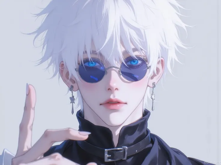 ((점수_9,점수_8_위로)), GOJO SATURO, Portrait of Gojo Satoru from "Jujutsu Kaisen", upper body only, facing forward with a calm and confident expression. White hair, blue sunglasses, wearing a high-collared black uniform. anime style, detailed lighting, soft sha...