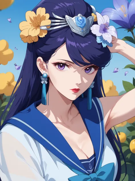 best quality, masterpiece,armpits,(stare at the viewer),Pear Blossom,Apothecary,sleeveless,cleavage,((((Sailor Suit)))),long hair, purple eyes, purple hair, flower, earrings, hair flower, lipstick,