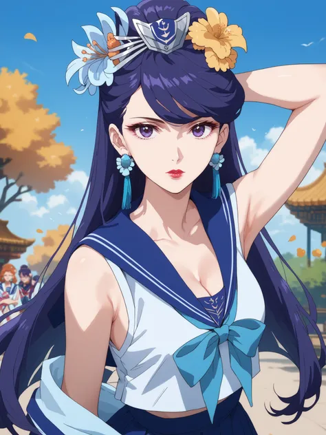 best quality, masterpiece,armpits,(stare at the viewer),Pear Blossom,Apothecary,sleeveless,cleavage,((((Sailor Suit)))),long hair, purple eyes, purple hair, flower, earrings, hair flower, lipstick,
