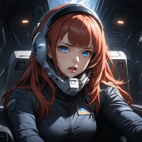  ((extreme quality)), ((Masterpiece)), (( Enrich the picture, Masterpiece level quality)), red hair , Mid-length Layers hair , medium breasts , blue eyes , fierce woman , extreme eyes details, raw 4k, perfect proportions , extreme hair detailed, extreme cl...