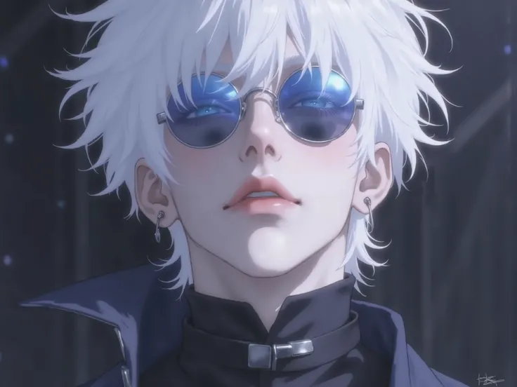((점수_9,점수_8_위로)), GOJO SATURO, Portrait of Gojo Satoru from "Jujutsu Kaisen", upper body only, facing forward with a calm and confident expression. White hair, blue sunglasses, wearing a high-collared black uniform. anime style, detailed lighting, soft sha...
