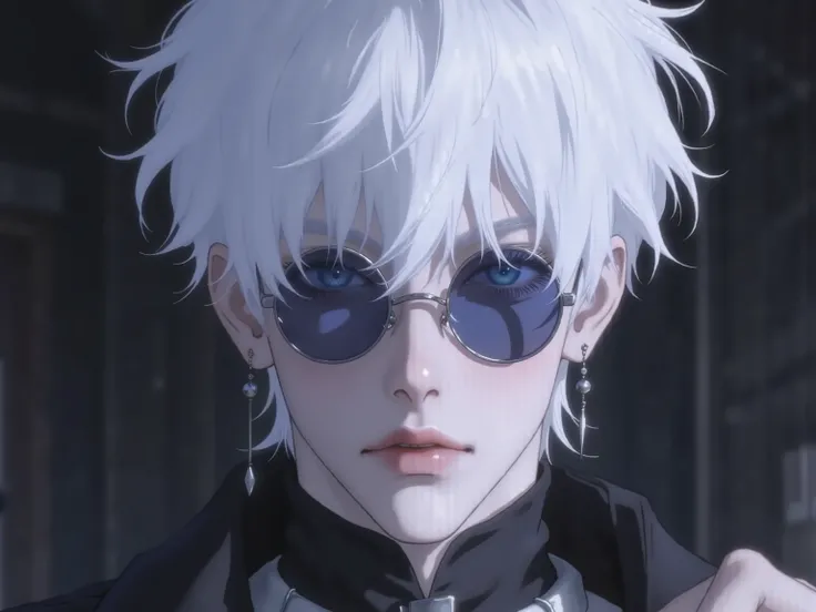 ((점수_9,점수_8_위로)), GOJO SATURO, Portrait of Gojo Satoru from "Jujutsu Kaisen", upper body only, facing forward with a calm and confident expression. White hair, blue sunglasses, wearing a high-collared black uniform. anime style, detailed lighting, soft sha...