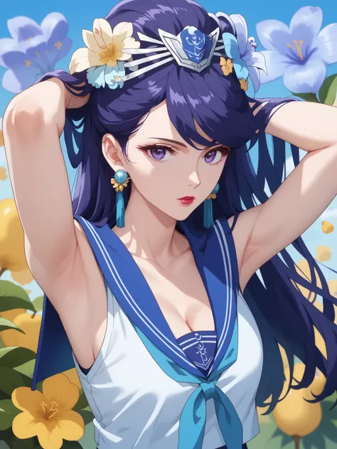 best quality, masterpiece,armpits,(stare at the viewer),Pear Blossom,Every Single Person at the Drugstore,sleeveless,cleavage,((((Sailor Suit)))),long hair, purple eyes, purple hair, flower, earrings, hair flower, lipstick,
