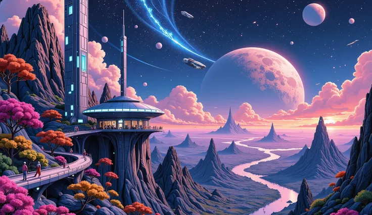 "미래적인  style (Prospects of the universe:1.3), It depicts a beautiful alien planet being colonized by an advanced civilization. emits a glowing stream of light that nurtures the planet's topography (Alien Buildings:1.4) surrounded by glowing bioluminescent ...