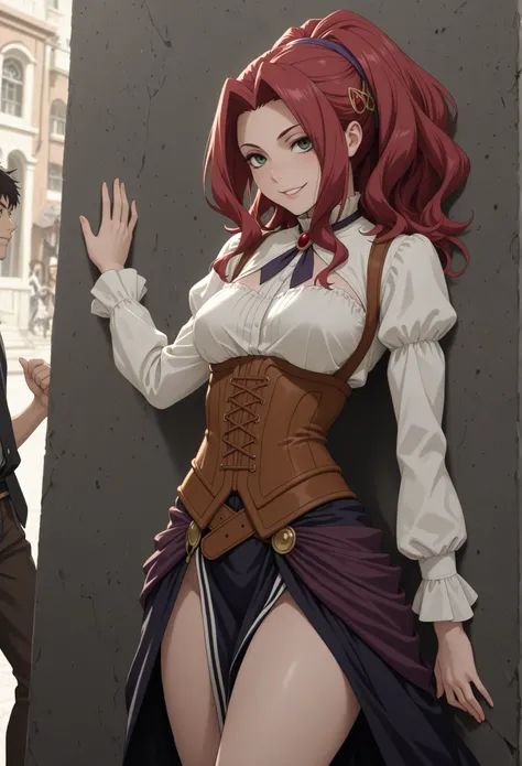 obra-prima, Best Quality, cowboy tie , sozinho, 1 , Malty Melromarc, long hair, green eyes, red hair, distributed fringe, ponytail, medium breasts, standing, against the wall, looking at the spectator, naughty smile, suada, very attractive, sexy