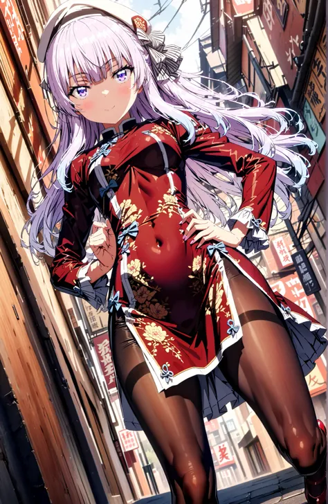  Sakayanagi Alice, long hair, solo,bungs, PURPLE EYES, white hair, blunt bungs,White Chinese clothing,long slit,black pantyhose,pin heels,standing,Grab your hips with your right hand,smile,blush,mouth,angle from below,full bodyがイラストに入るように,in their 40s look...