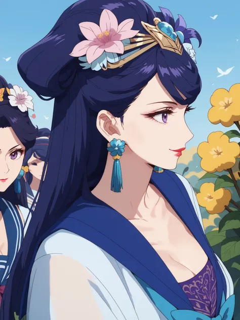 best quality, masterpiece,armpits,(stare at the viewer),Pear Blossom,Every Single Person at the Drugstore,sleeveless,cleavage,((((Sailor Suit)))),long hair, purple eyes, purple hair, flower, earrings, hair flower, lipstick,smile,profile,
