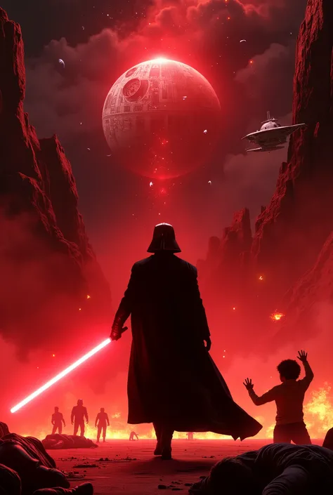 Darth vader, walking towards the spectator, light sabre in the hand, Learn the color red, dark scenery, flames and fire, destruction, Death Star, raised hand, bodies on the floor, kneeling on the floor, looking up