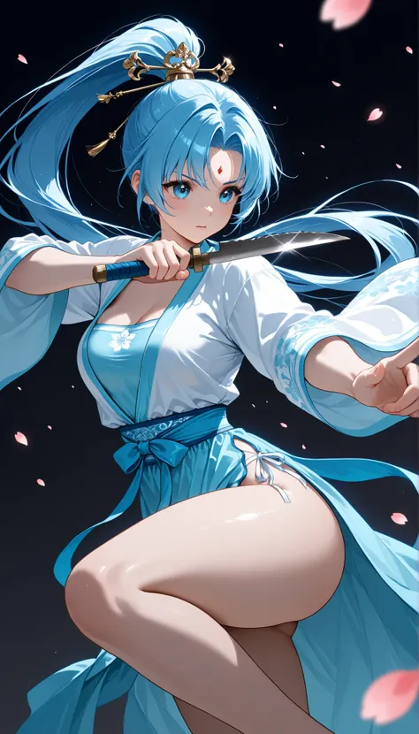 Hanfu with slits(Cherry Blossom)、martial artist、Boxing、Blue Hair、long ponytail、maturity、thighs、China、traditional martial arts、Master、bare hands、Hand Knife