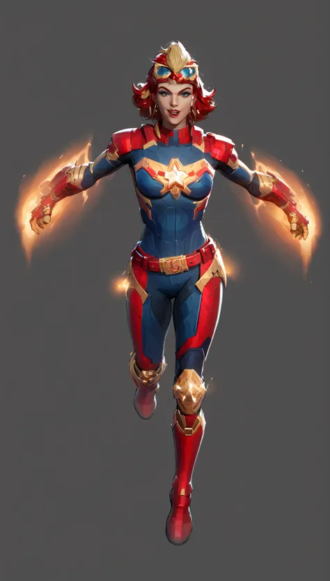 Captain Marvel (Default Appearance - Marvel Rivals Style) Role: Vanguard Silhouette: Strong, athletic frame with broad shoulders and confident posture Visual Identity: Futuristic military-meets-cosmic flair Suit Design: • Base Colors: Midnight blue with ra...
