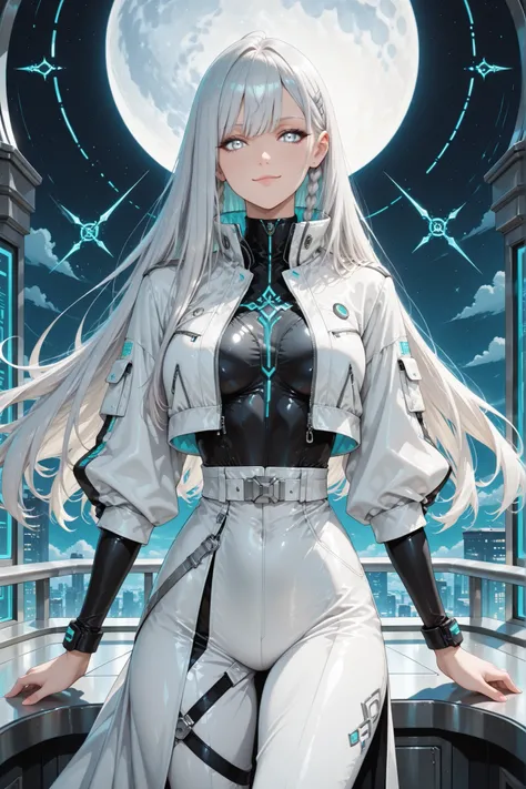 ((masterpiece, best quality, anime style, ultra-detailed)), (1girl, solo, human), (young female, age 18–20, elegant and composed build, glowing silver eyes:1.5, calm confident smirk, fair skin), (long silver hair styled with two tight loop-braids tied low ...