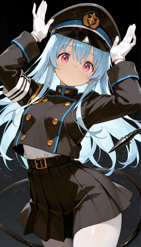 masterpiece, best quality, amazing quality, very aesthetic, high resolution, ultra-detailed, absurdres, 1girl, small_breasts, (blue_hair), pink_eyes, long_hair, black_jacket, layered_clothes, white_shirt, double_breasted, black_skirt, long_sleeves, white_p...