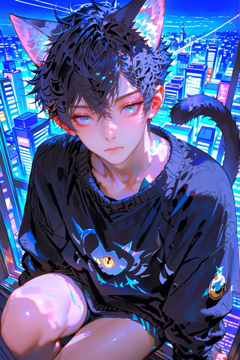 masterpiece, best quality, detailed eyes, semi realistic, 8k, boy, black sweater, emotionless, black hair, handsome, a bit cute, pixie hair, realistic hair, odd eye, blue eye, yellow eye, cat ears, cat tail, solo character, sitting on window, night city ba...