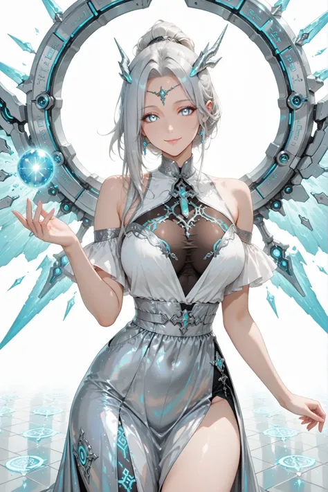 ((masterpiece, best quality, anime style, ultra-detailed)), (1girl, solo, human), (mature female, age 27, elegant curvy build:1.6, glowing silver eyes:1.4, innocent soft smile with subtle cunning, warm yet unreadable, fair skin), (very long silver hair:1.6...