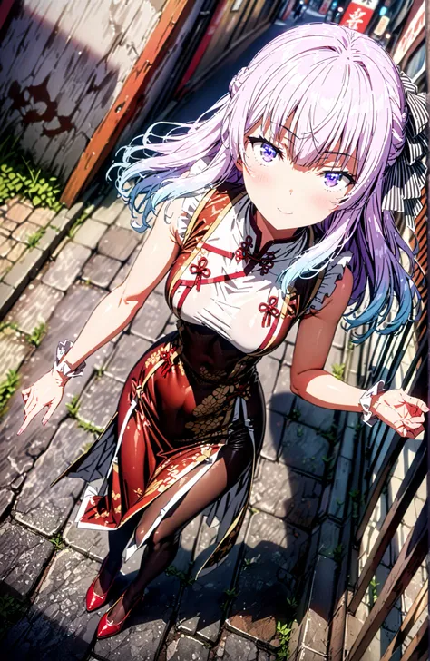  Sakayanagi Alice, long hair, solo,bungs, PURPLE EYES, white hair, blunt bungs,White Chinese clothing,long slit,sleeveless,black pantyhose,pin heels,standing,Grab your hips with your right hand,smile,blush,mouth,angle from below,full bodyがイラストに入るように,in the...