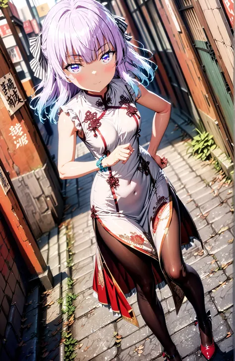 Sakayanagi Alice, long hair, solo,bungs, PURPLE EYES, white hair, blunt bungs,White Chinese clothing,long slit,sleeveless,black pantyhose,pin heels,standing,Grab your hips with your right hand,smile,blush,mouth,angle from below,full bodyがイラストに入るように,in the...