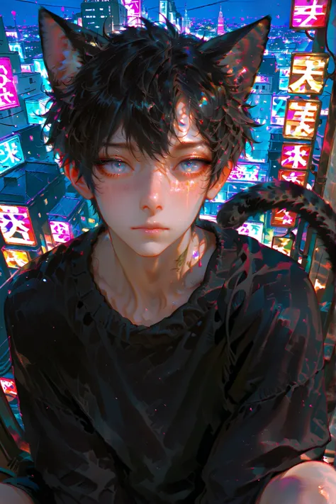 masterpiece, best quality, detailed eyes, semi realistic, 8k, boy, black sweater, emotionless, black straight hair, handsome, a bit cute, pixie hair, realistic hair, odd eye, blue eye, yellow eye, cat ears, cat tail, solo character, sitting on window, nigh...