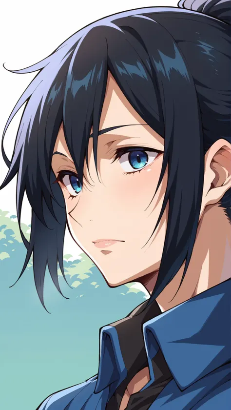 Takapiko style, black hair in a ponytail long, bold borderlines, blue eyes,  upper body, half-turned 