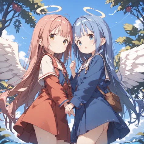 
high image quality、high quality、8ｋ、4ｋ、Young girl、 cute、angel、３people、I can see my crotch、pretty nipples、 show off crotch、mischievous face、Symmetrical Wings 、angelの輪、 play with each other