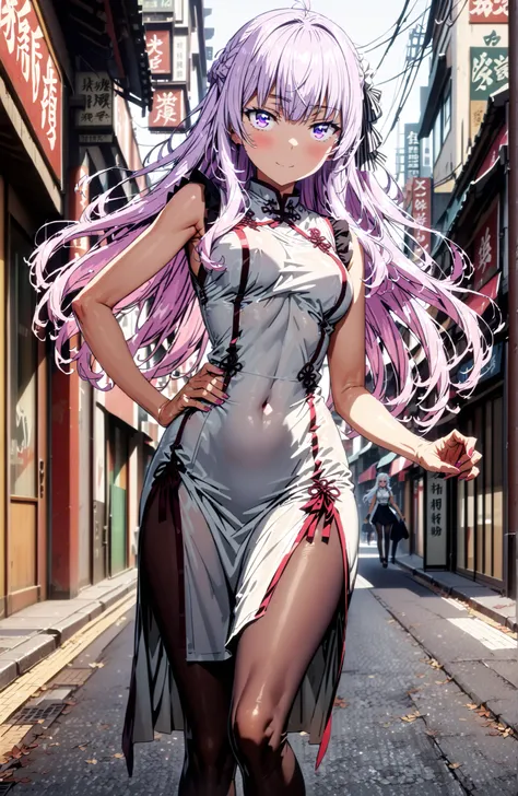  Sakayanagi Alice, long hair, solo,bungs, PURPLE EYES, white hair, blunt bungs,White Chinese clothing,long slit,sleeveless,black pantyhose,pin heels,standing,Grab your hips with your right hand,smile,blush,mouth,angle from below,full bodyがイラストに入るように,in the...