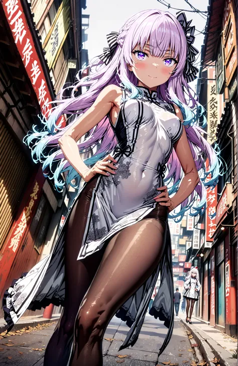  Sakayanagi Alice, long hair, solo,bungs, PURPLE EYES, white hair, blunt bungs,White Chinese clothing,long slit,sleeveless,black pantyhose,pin heels,standing,Grab your hips with your right hand,smile,blush,mouth,angle from below,full bodyがイラストに入るように,in the...