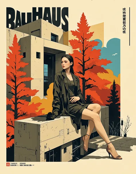 Geometrically abstract poster in the Bauhaus style. Flat design style.Large text: "Bauhaus" is placed at the top in the appropriate style. Graphic female dynamic silhouette in a dramatic pose, similar to a clear shadow and devoid of facial features, sittin...