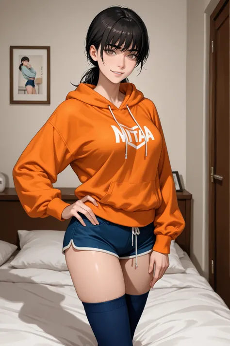 1 girl, Mitaka Asa, long hair, low ponytail, brown eyes, beautiful eyes, orange sweatshirt, hood down, drawstring, long sleeves, blue short shorts, high socks, garters, medium breasts, standing, sexy body, nice arms, nice legs, in bedroom, confident expres...