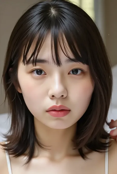 (( Best Quality )), ((masterpiece)), ( details), Japanese, first person view ,one girl on her back, Voluptuous women, sexy,( in the bedroom),((( abnormally large breasts , sexyな下着, short bob hair))), black hair with a young pattern , (( ...
