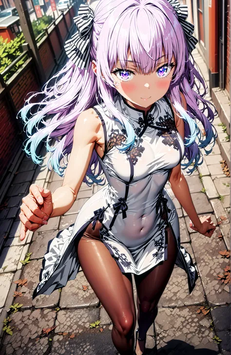  Sakayanagi Alice, long hair, solo,bungs, PURPLE EYES, white hair, blunt bungs,White Chinese clothing,long slit,sleeveless,black pantyhose,pin heels,standing,Grab your hips with your right hand,smile,blush,mouth,angle from below,full bodyがイラストに入るように,in the...