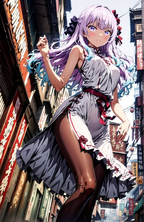  Sakayanagi Alice, long hair, solo,bungs, PURPLE EYES, white hair, blunt bungs,White Chinese clothing,long slit,sleeveless,black pantyhose,pin heels,standing,Grab your hips with your right hand,smile,blush,mouth,angle from below,full bodyがイラストに入るように,in the...
