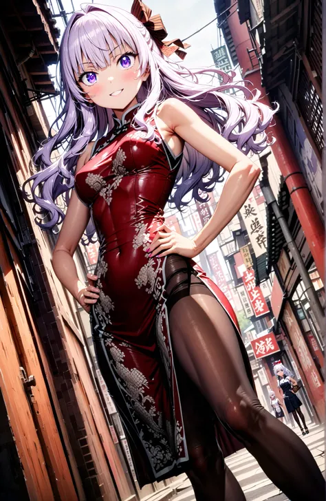  Sakayanagi Alice, long hair, solo,bungs, PURPLE EYES, white hair, blunt bungs,White Chinese clothing,long slit,sleeveless,black pantyhose,pin heels,standing,Grab your hips with your right hand,smile,blush,mouth,angle from below,full bodyがイラストに入るように,in the...