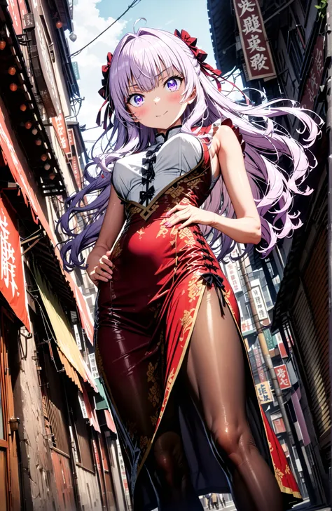  Sakayanagi Alice, long hair, solo,bungs, PURPLE EYES, white hair, blunt bungs,White Chinese clothing,long slit,sleeveless,black pantyhose,pin heels,standing,Grab your hips with your right hand,smile,blush,mouth,angle from below,full bodyがイラストに入るように,in the...