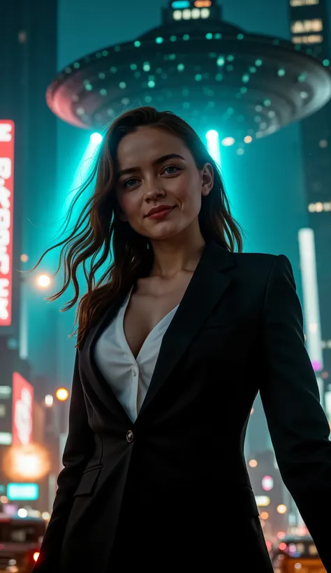 (low-angle perspective:1.6), (medium-shot:1.8), fearless FBI agent in black suit (voluptuous cleavage, white V-neck blouse), FBI badge on hip, gripping iPhone 15 Pro Max and tactical flashlight enlighted, (hyper-realistic facial details:1.6), (wind-blown h...