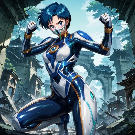 masterpiece, amazing quality, best quality, ultra-detailed, 8K, illustration, clear skin, ultra-detailed-eyes, soft skin, very awa, very as2, shiny skin, shiny hair, soft body, 90's style, official art, ami mizuno, blue eyes, blue hair, short hair, parted ...