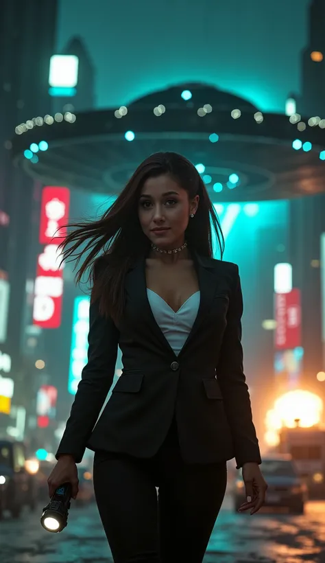 (low-angle perspective:1.6), (medium-shot:1.8), fearless FBI agent in black suit (voluptuous cleavage, white V-neck blouse), FBI badge on hip, gripping iPhone 15 Pro Max and tactical flashlight enlighted, (hyper-realistic facial details:1.6), (wind-blown h...