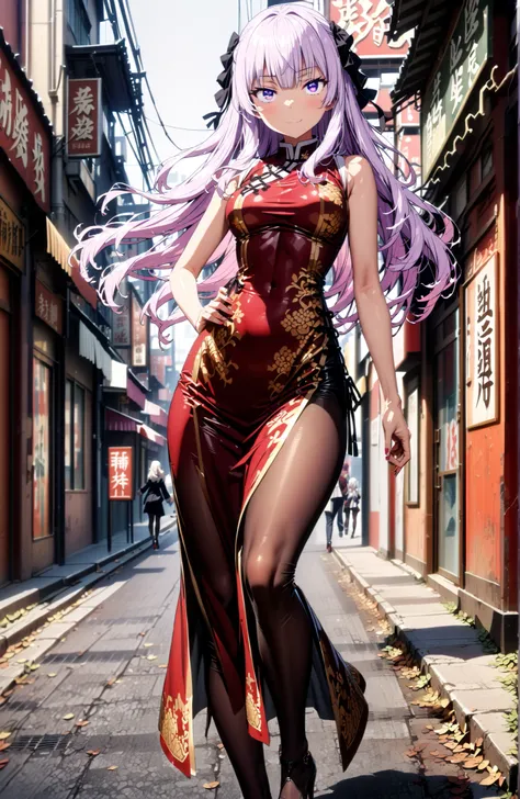  Sakayanagi Alice, long hair, solo,bungs, PURPLE EYES, white hair, blunt bungs,White Chinese clothing,long slit,sleeveless,black pantyhose,pin heels,standing,Grab your hips with your right hand,smile,blush,mouth,angle from below,full bodyがイラストに入るように,in the...