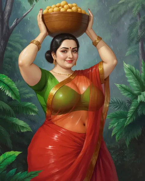 ((Centered composition, perfect framing, no cropping, full body)), a high-quality semi-realistic painting by renowned artist Manimala, depicting a beautiful, hourglass-figure,  Indian woman around 45 years old, radiating the graceful allure and quiet confi...