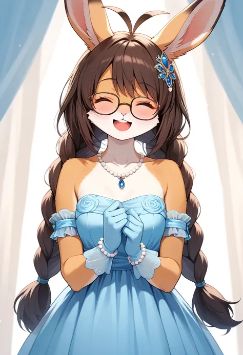 1girl, (furry, kemono:1.2), rabbit girl, animal nose, rabbit ears, dress, solo, necklace, gloves, braid, closed_eyes, antenna_hair, jewelry, blue_dress, open_mouth, smile, glasses, brown_hair, blue_gloves, twin_braids, long_hair, hair_ornament, bare_shoulders, arm_up, beads, facing_viewer, blush, strapless, collarbone, :d, single_braid, Official, bangs, frills, strapless_dress, pendant, bracelet, arm_garter, ^_^, sleeveless, pearl_necklace, masterpiece, best quality, very aesthetic, absurdres