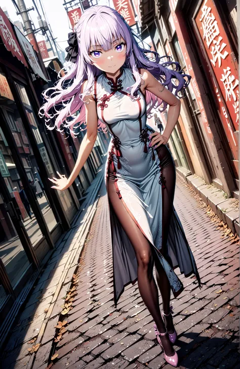  Sakayanagi Alice, long hair, solo,bungs, PURPLE EYES, white hair, blunt bungs,White Chinese clothing,long slit,sleeveless,black pantyhose,pin heels,standing,Grab your hips with your right hand,smile,blush,mouth,angle from below,full bodyがイラストに入るように,in the...