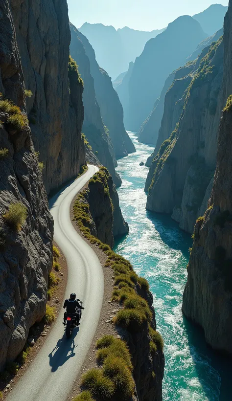 A dramatic, narrow mountain road winding along a steep rocky canyon, with a turquoise river rushing below. Instead of a car, a lone motorcycle rider in dark, rugged biker gear rides along the edge of the cliffside road. Sheer rock walls tower on both sides...