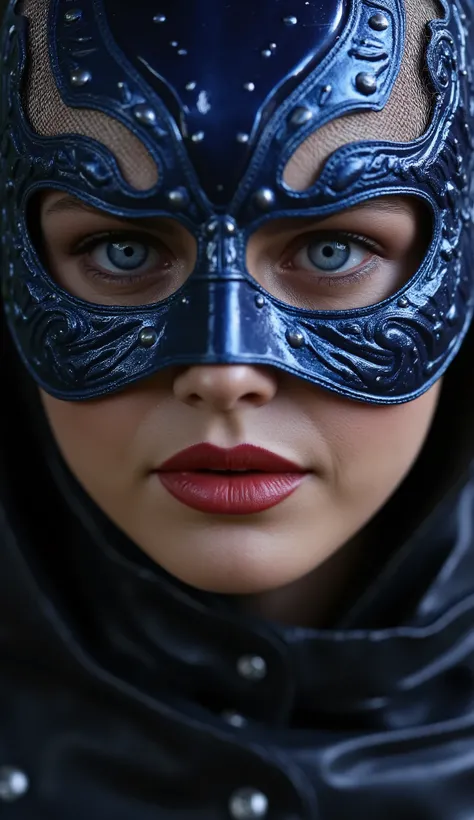 Make Gal Gadot like Kitana a hyper realistic image close up upper body with a blue metallic mask hyperdetailed textures the hyperrealistic background
