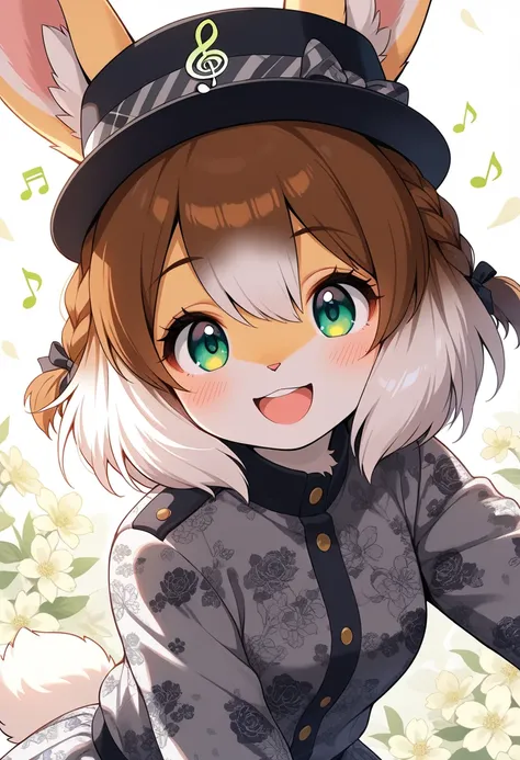 1girl, (furry, kemono:1.4), rabbit girl, animal nose, rabbit ears, hat, smile, solo, open_mouth, looking_at_viewer, short_hair, green_eyes, braid, tied_hair, blush, upper_body, :d, eyebrows_visible_through_hair, bangs, grey_hair, jacket, long_sleeves, brown_hair, idol, hair_between_eyes, stage, floral_print, musical_note, treble_clef, floral_background, masterpiece, best quality, very aesthetic, absurdres