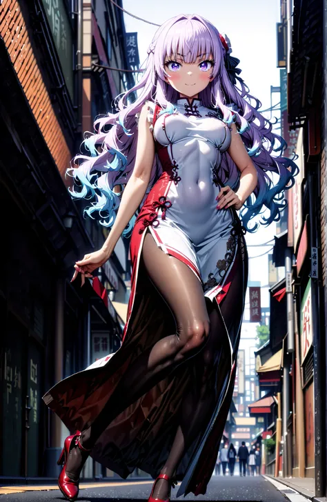  Sakayanagi Alice, long hair, solo,bungs, PURPLE EYES, white hair, blunt bungs,White Chinese clothing,long slit,sleeveless,black pantyhose,pin heels,standing,Grab your hips with your right hand,smile,blush,mouth,angle from below,full bodyがイラストに入るように,in the...