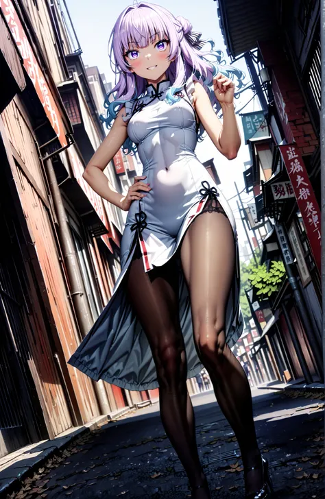  Sakayanagi Alice, long hair, solo,bungs, PURPLE EYES, white hair, blunt bungs,White Chinese clothing,long slit,sleeveless,black pantyhose,pin heels,standing,Grab your hips with your right hand,smile,blush,mouth,angle from below,full bodyがイラストに入るように,in the...