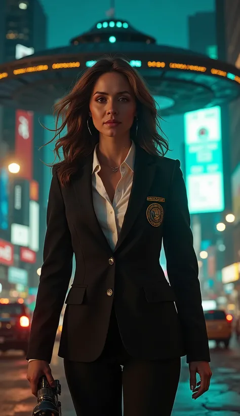 (low-angle perspective:1.6), (medium-shot:1.8), fearless FBI agent in black suit (voluptuous cleavage, white V-neck blouse), official FBI logo patch on the left chest, gripping an iPhone 15 Pro Max and tactical flashlight, the flashlight is on, (hyper-real...