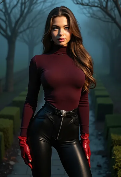 full body beautiful sensual sexy cool 18 year old girl with slightly parted lips elegant slim body brown wavy long hair emerald green eyes , white skin , red lips , round face full red lips high arched eyebrows thin waist long shapely legs full breasts wid...