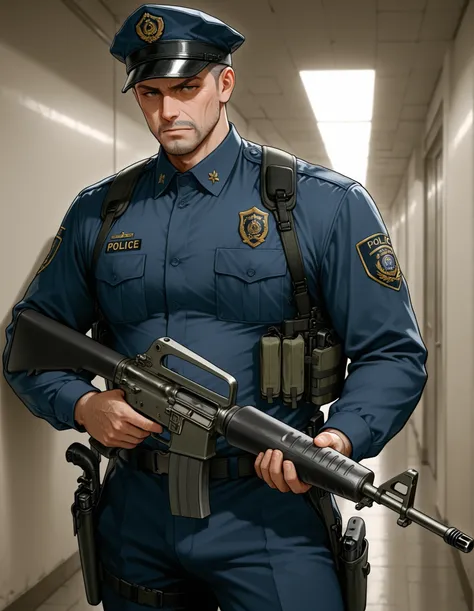 masterpiece, best quality, high res, highly detailed, 1boy, mature man, male focus, solo, stern expression, an armed security guard standing in a modern, indoor hallway, dressed in a dark blue uniform with visible insignia and patches, holding an m16 rifle...