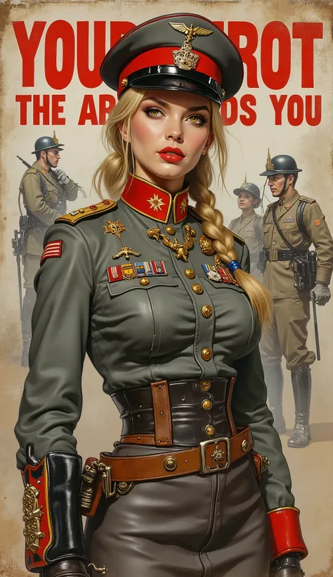 Detailed proportions and textures and multi-color with airbrushed brush strokes that presents a semi-realistic illustration in Chinese A beautiful and strong young woman in a steampunk and epic fantasy style military uniform where black-gray tones predomin...
