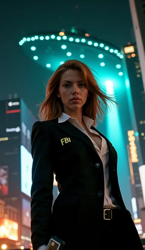 (low-angle perspective:1.6), (medium-shot:1.8), fearless FBI agent in black suit (voluptuous cleavage, white V-neck blouse), official FBI logo patch on the left chest, gripping an iPhone 15 Pro Max and tactical flashlight, the flashlight is on, (hyper-real...